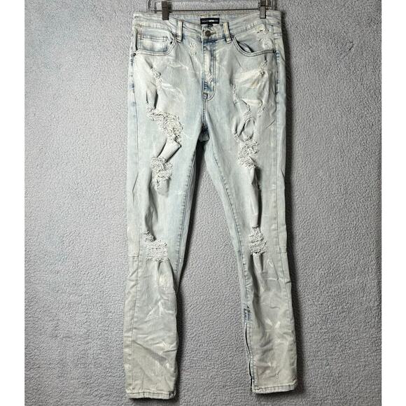Fashion Nova Jeans Mens 32x32 Blue Light Wash Distressed Straight Splatter Jeans - Picture 1 of 12
